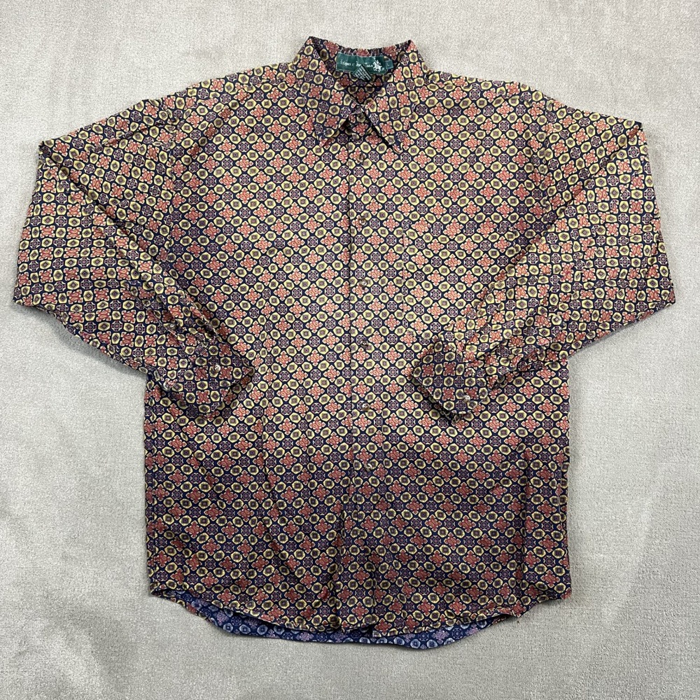 Knights of Round Table Vintage 90s Button Down Shirt L Blue Red Cotton Medallion